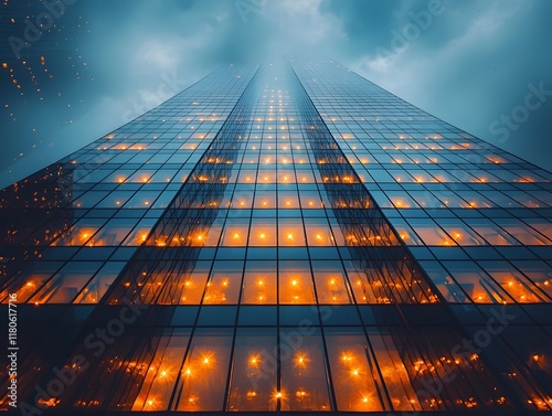 Wallpaper Mural Illuminated Glass Clad Skyscraper Reflecting Dusky Twilight Sky with Clouds Torontodigital.ca