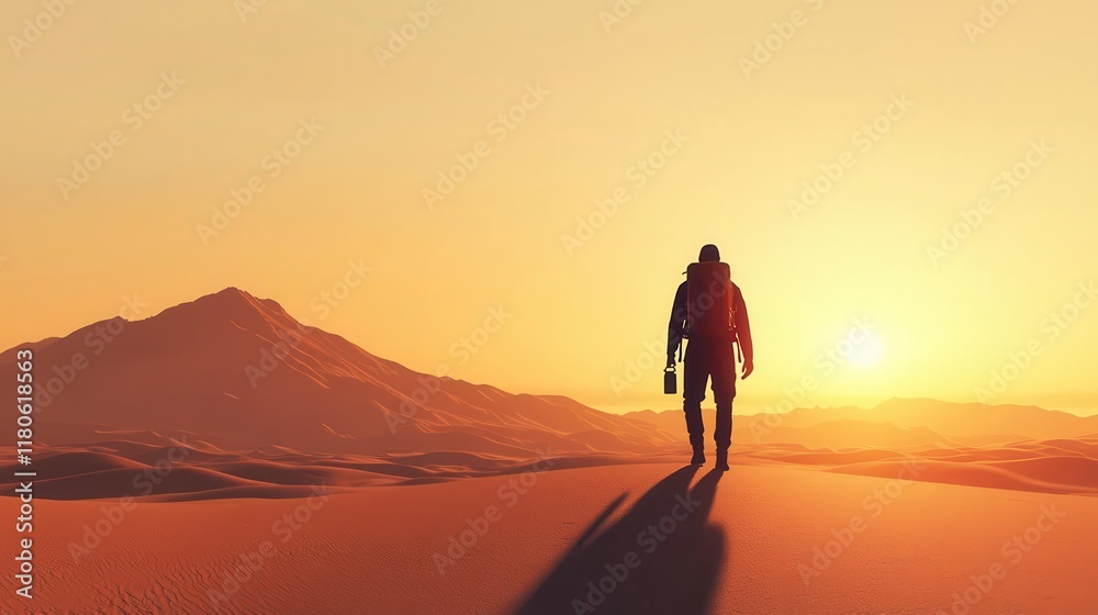 Desert traveler with glowing canteen, endurance in survival, 3D illustration Desert traveler with glowing canteen, endurance in survival, 3D illustration