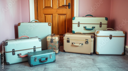 Vintage suitcases stacked near a door, ready for a journey. Pastel colors and retro style.
