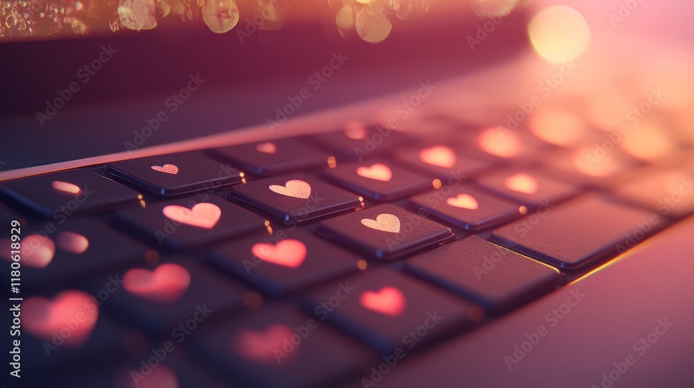 63.A modern laptop keyboard with small heart symbols scattered across the keys. The soft focus background glows with subtle shades of pink and gold, enhancing the romantic theme. 63.A modern laptop keyboard with small heart symbols scattered across the keys. The soft focus background glows with subtle shades of pink and gold, enhancing the romantic theme.