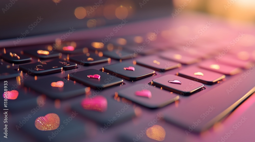 63.A modern laptop keyboard with small heart symbols scattered across the keys. The soft focus background glows with subtle shades of pink and gold, enhancing the romantic theme. 63.A modern laptop keyboard with small heart symbols scattered across the keys. The soft focus background glows with subtle shades of pink and gold, enhancing the romantic theme.