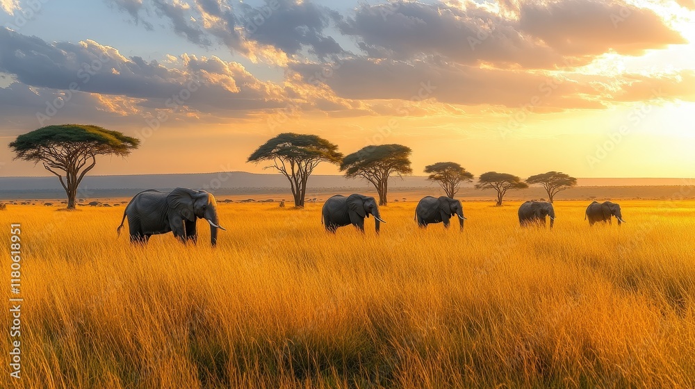 African elephants at sunset, golden savanna. African elephants at sunset, golden savanna.