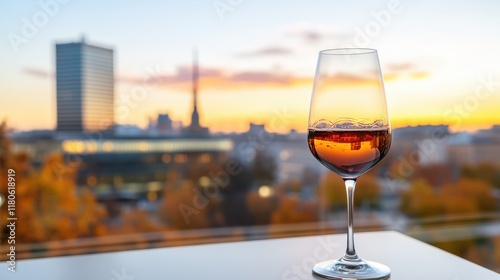 Fototapeta Naklejka Na Ścianę i Meble -  Warm evening glow with a glass of red wine and Warsaw's skyline