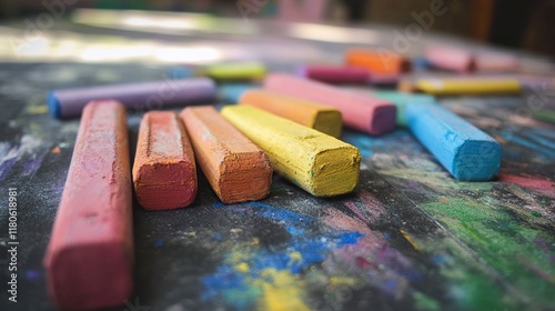 Colorful Chalk on Dark Surface: Close-up View