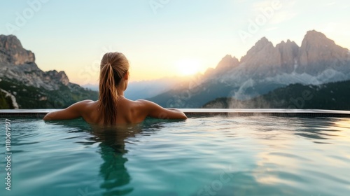 Enjoying serenity at a luxurious infinity pool in the Dolomites at sunrise