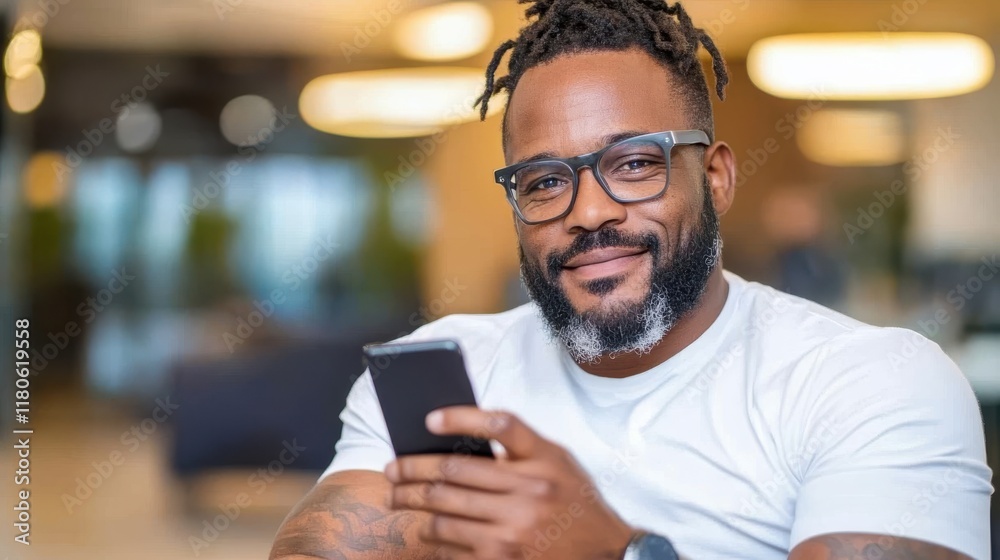 Focused professional man engaging with smartphone in modern office Focused professional man engaging with smartphone in modern office