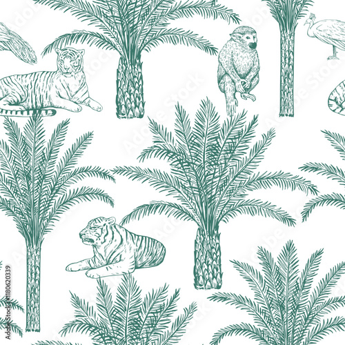 Wallpaper Mural Toile de jouy seamless pattern with palms, tiger and peacock. Vector monochrome print in vintage luxury engraving style for textile and home decor and design. Torontodigital.ca