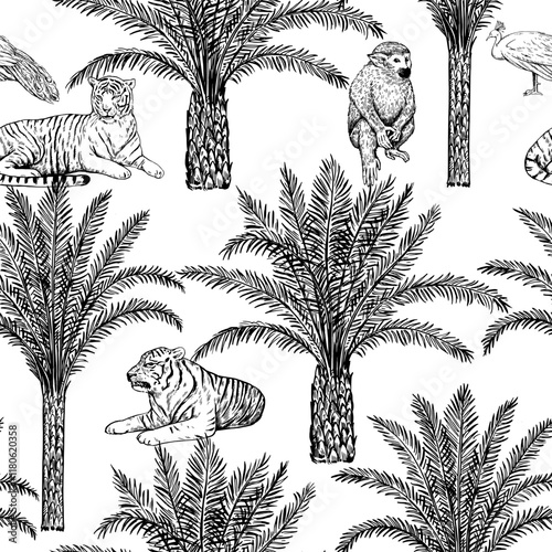 Toile de jouy seamless pattern with palms, tiger and peacock. Vector monochrome print in vintage luxury engraving style for textile and home decor and design.