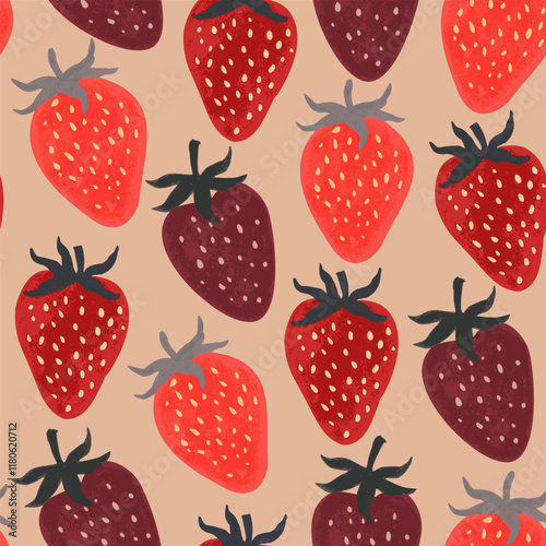 Seamless pattern with red textured strawberries. Hand-drawn vector illustration