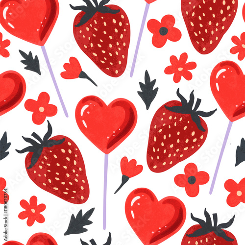 Valentine seamless pattern with red strawberries, flowers and herat-shaped lollypops. Vector illustration.