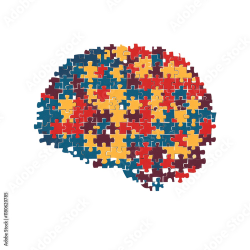 Colorful jigsaw puzzle pieces forming a brain shape; symbolizes autism awareness, mental health, problem-solving, or cognitive function.