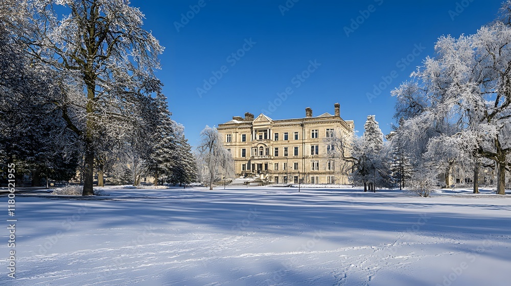 Obraz premium Majestic State Capitol Building Under a Crisp Winter Sky, Surrounded by Snow-Covered Grounds and Featuring a Minimalistic Composition with Copy Space. Ideal for Government, History, and Seasonal 