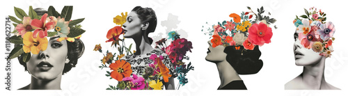 Flower human collage ephemera png cut out element set, transparent background photo