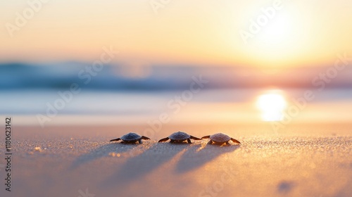 Baby turtles emerge from the sand and head towards the ocean under the vibrant sunset, their first adventure into the sea