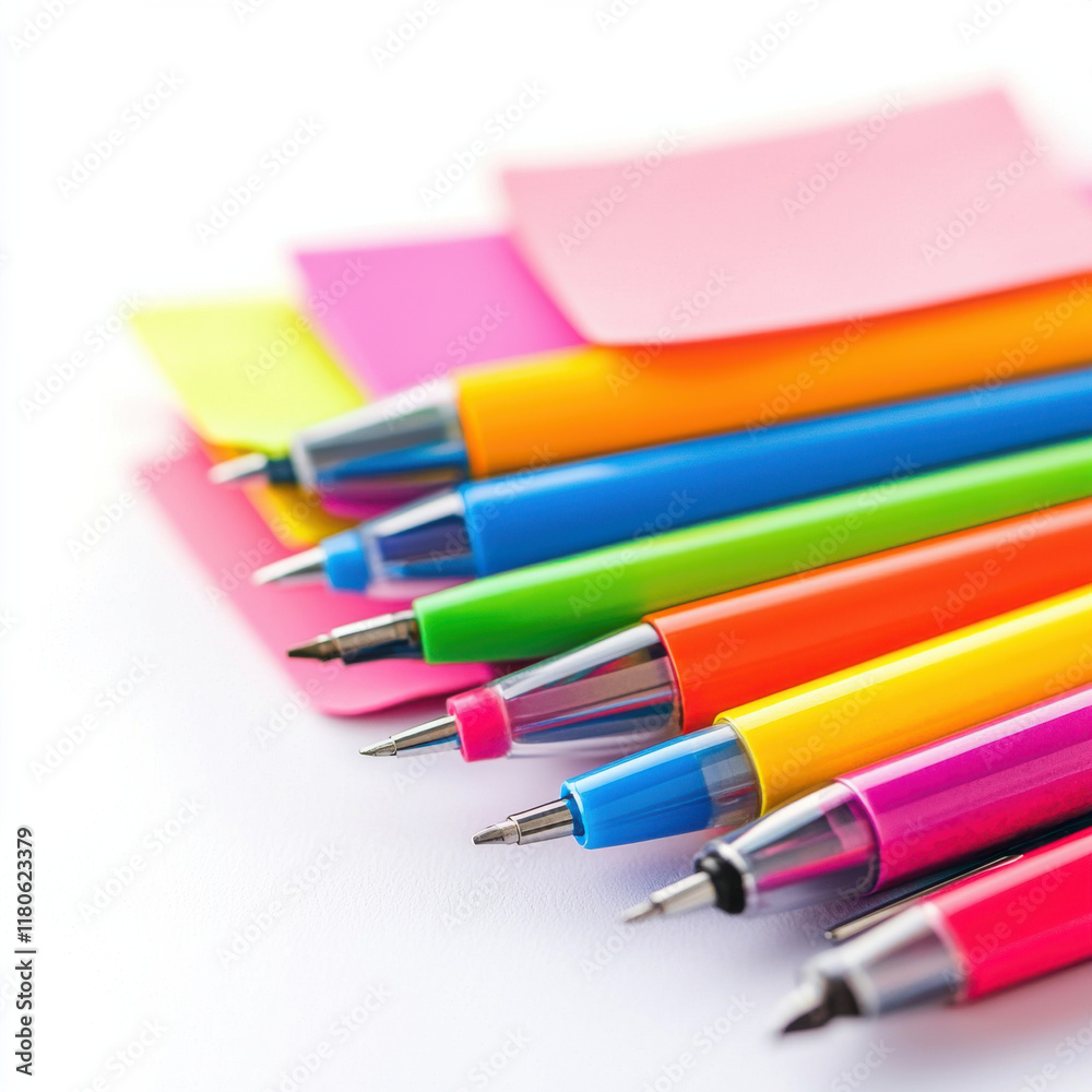 Fototapeta premium Colorful pens and sticky notes arranged neatly on white surface isolated design on white background