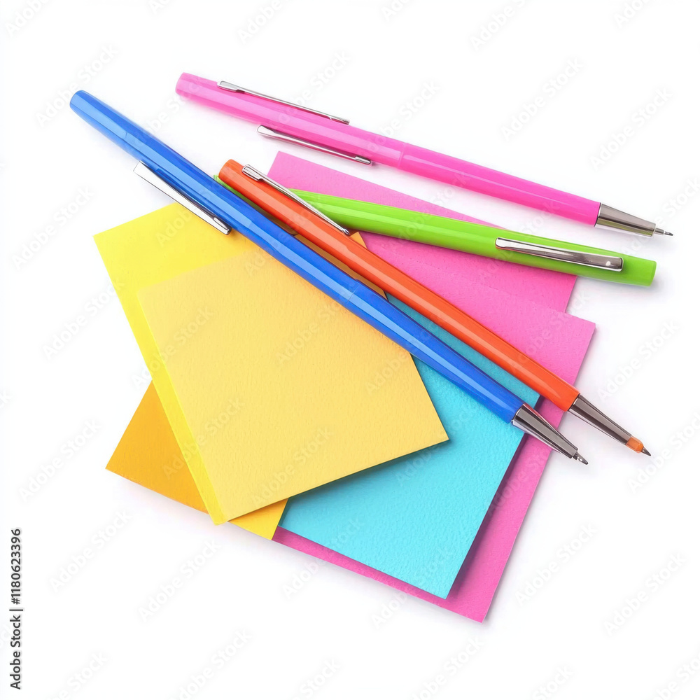 Colorful pens and sticky notes arranged neatly on white background isolated design on white background Colorful pens and sticky notes arranged neatly on white background isolated design on white background