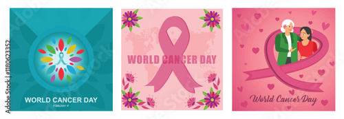 World Cancer Day inspirational designs with pink ribbons and supporting themes.