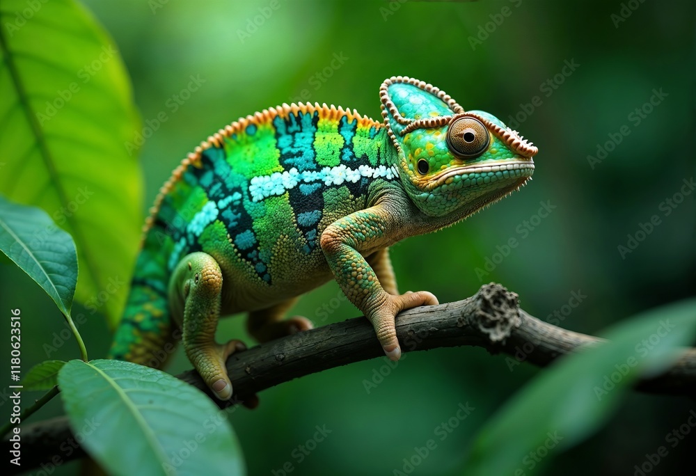 Chameleon scales perched on a branch with sunlight filtering through the leaves above Chameleon scales perched on a branch with sunlight filtering through the leaves above