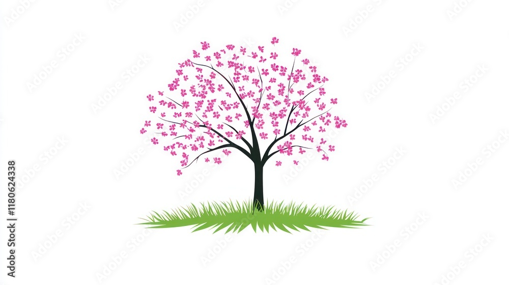 Spring tree graphic design, blossoming flowers, lush green grass, white background Spring tree graphic design, blossoming flowers, lush green grass, white background