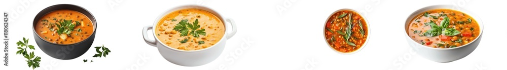 Delicious bowls of vibrant, colorful soup with fresh herbs. Delicious bowls of vibrant, colorful soup with fresh herbs.