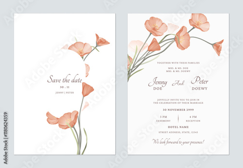Save the date and wedding invitation template set of delicate orange California Poppy flowers on a white background, adding a touch of nature and elegance