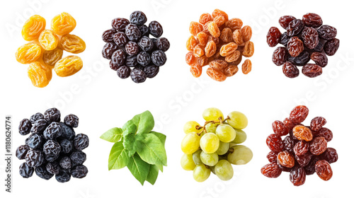 Variety of fresh green, red, and black grapes placed on white surface isolated on transparent background. photo