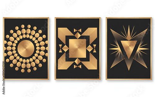 A stunning set of three abstract golden geometric art prints on a black background. Ideal for wall art enthusiasts and design professionals