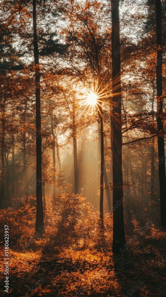 Obraz premium Sun shining through the trees in a misty forest