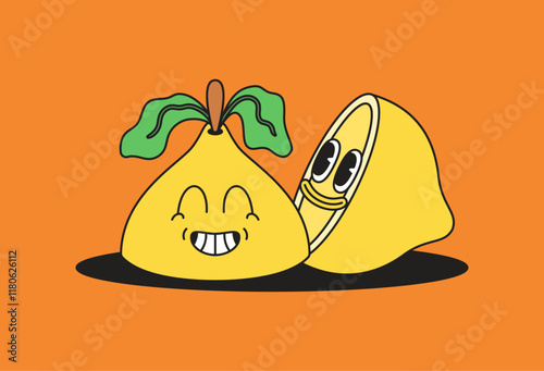 Happy sliced lemons smiling together cute cartoon character for food illustrations or cheerful content aimed at children