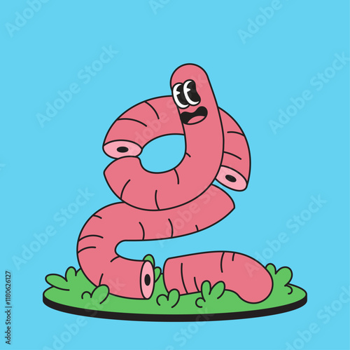 Playful pink worm twisting in the grass with a cheerful, cartoon character design