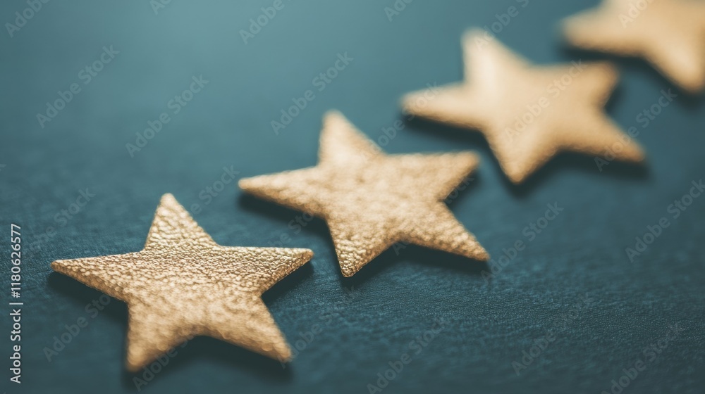 Golden stars stand out prominently against a rich navy background, ideal for festive decoration or award presentations Golden stars stand out prominently against a rich navy background, ideal for festive decoration or award presentations