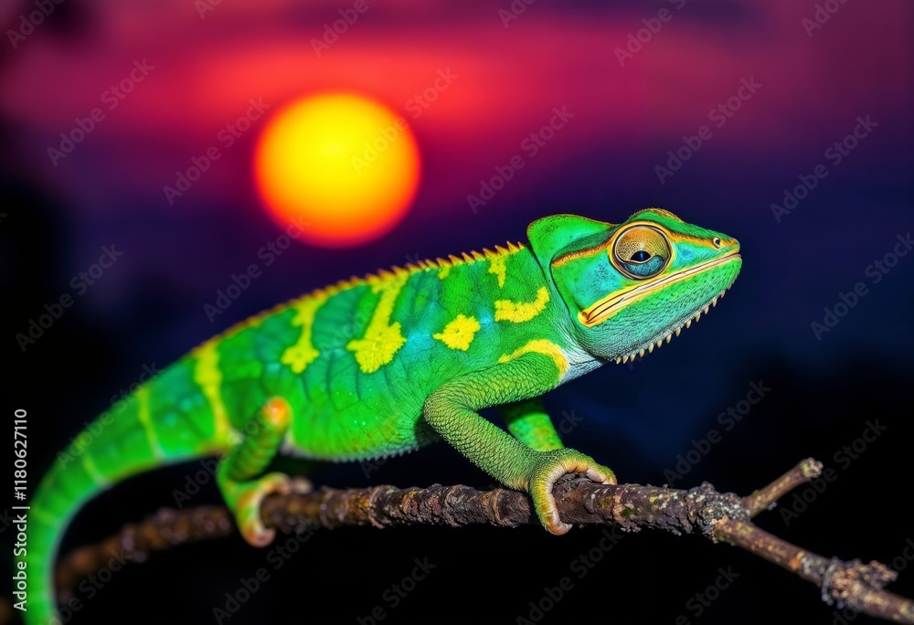 Fototapeta premium Chameleon with vibrant green with a purple and orange sunset in the background