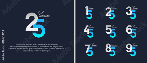 set of anniversary logo flat silver and blue color on dark blue background for celebration moment