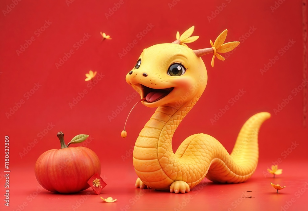 Obraz premium Chinese New Year 2025 3D illustration, cute laughing snake and mandarine on red background, isolated vector. Translation Golden Snake Brings Joyful News. small emblem Snake. red label Blessing