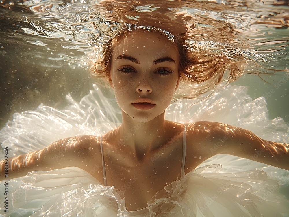 Obraz premium Dreamy Underwater Ballerina in Tutu Frozen Mid Spin Creating Rippling Aquatic Movement