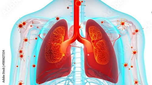 Visualization of lungs combatting viral particles in a medical animation