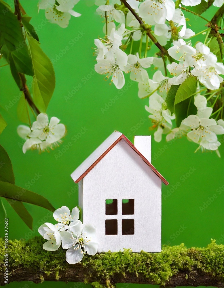 miniature toy house and cherry flowers on abstract green backdrop. concept of mortgage, construction, rental, property. family, eco-home symbol. spring season nature background. template for design