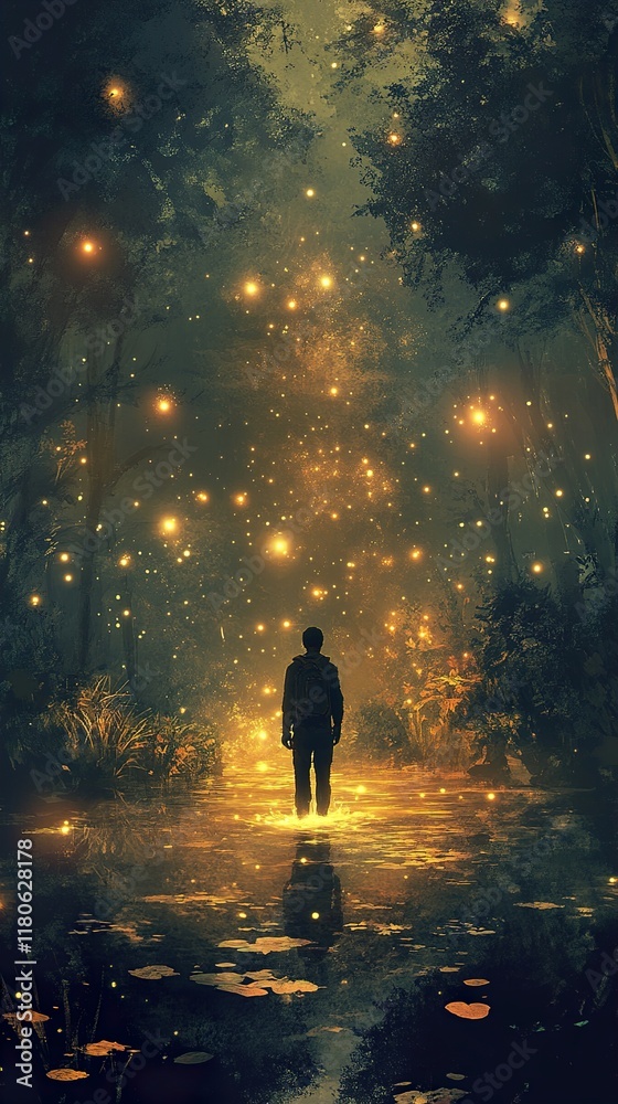 Fototapeta premium Enchanted Forest: A Solitary Figure in a Magical Night