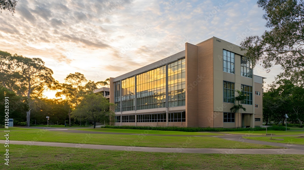 Obraz premium Sunset View of a Government Building with Sleek Design, Clean Lines, and Warm Hues Illuminating the Facade. Empty Foreground for Copy Space, Ideal for Architectural, Urban, and Business Concepts