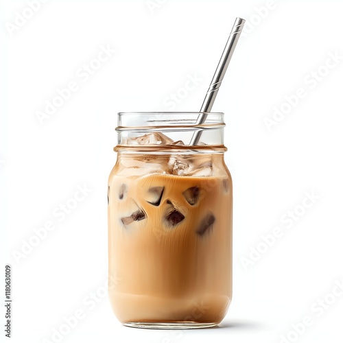 Iced Coffee in a Mason Jar  A rustic mason jar filled with iced coffee, ice cubes, and a metal straw Isolated on white background