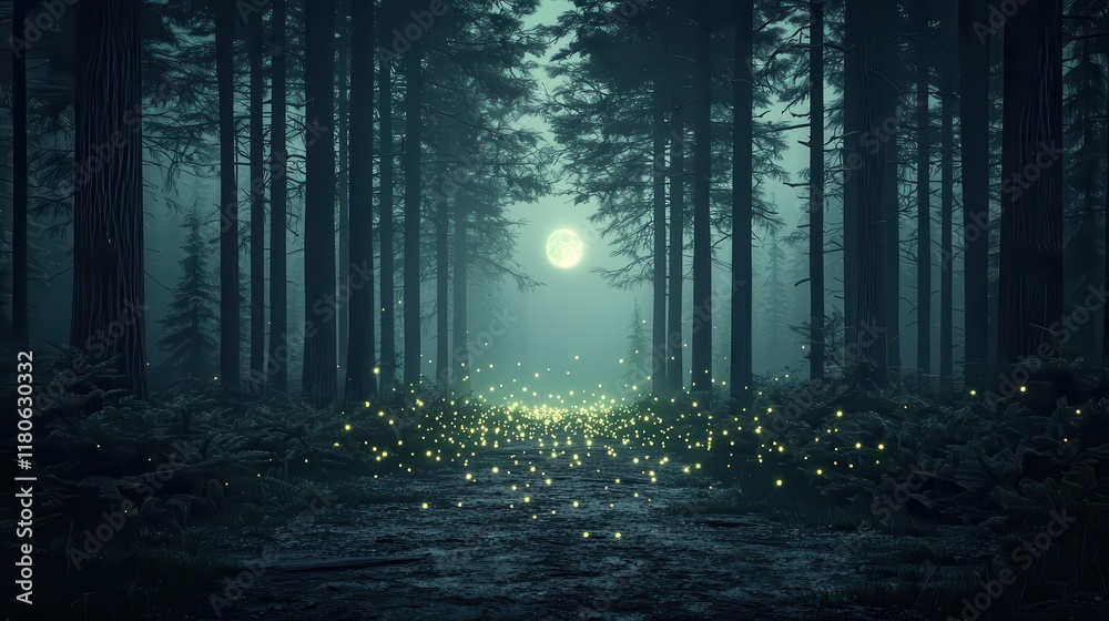 Obraz premium Glow of firefly swarm in pitchblack forest, enduring hope, 3D illustration