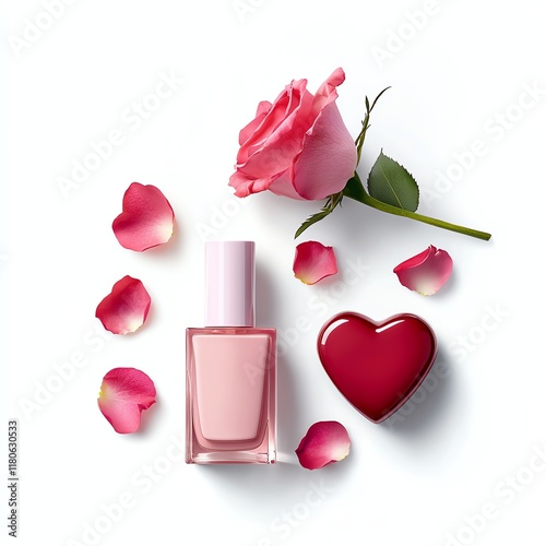 Romantic Skincare Gift Set  A skincare package featuring rosescented products and heartthemed packaging Isolated on white background photo