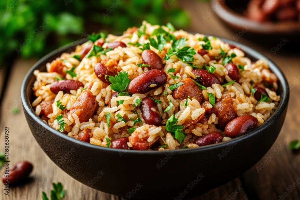 Bowl of Rice and Beans Garnished with Parsley Bowl of Rice and Beans Garnished with Parsley