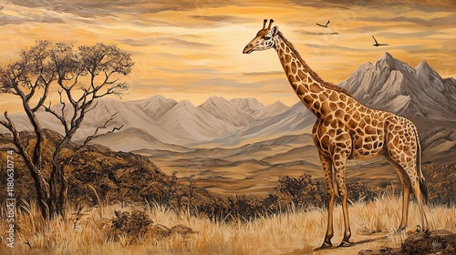 Giraffe at Sunset in African Savanna Painting photo