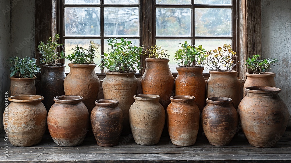 Rustic terracotta pots with herbs on windowsill. Rustic terracotta pots with herbs on windowsill.