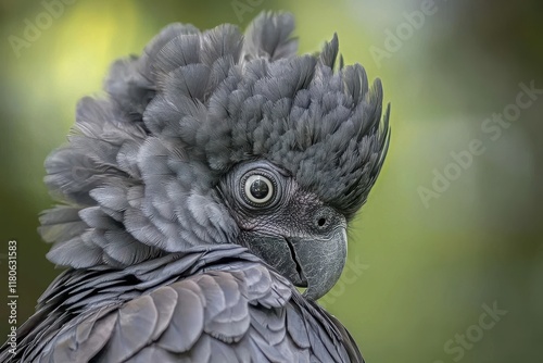 Black Palm Cockatoo Portrait showcases unique feather crest and captivating gaze. photo