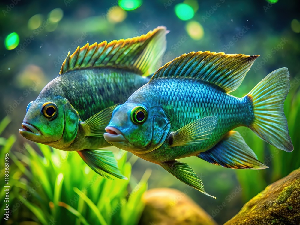 Fototapeta premium Green Terror Cichlids Courtship Dance - Underwater Beauty