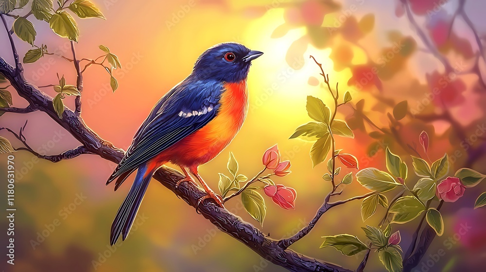 Fototapeta premium A bird is perched on a branch in a tree