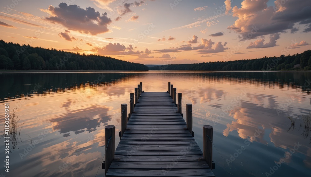 Serene Sunrise Over a Peaceful Lake Dock Serene Sunrise Over a Peaceful Lake Dock