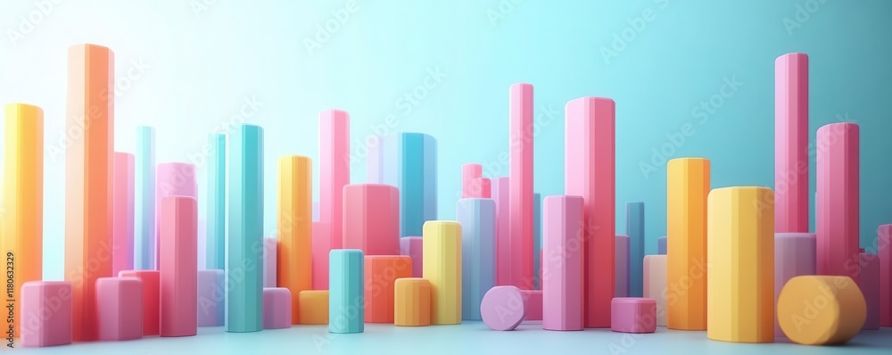 A vibrant arrangement of colorful geometric shapes, including cylinders and blocks, set against a soft blue background.